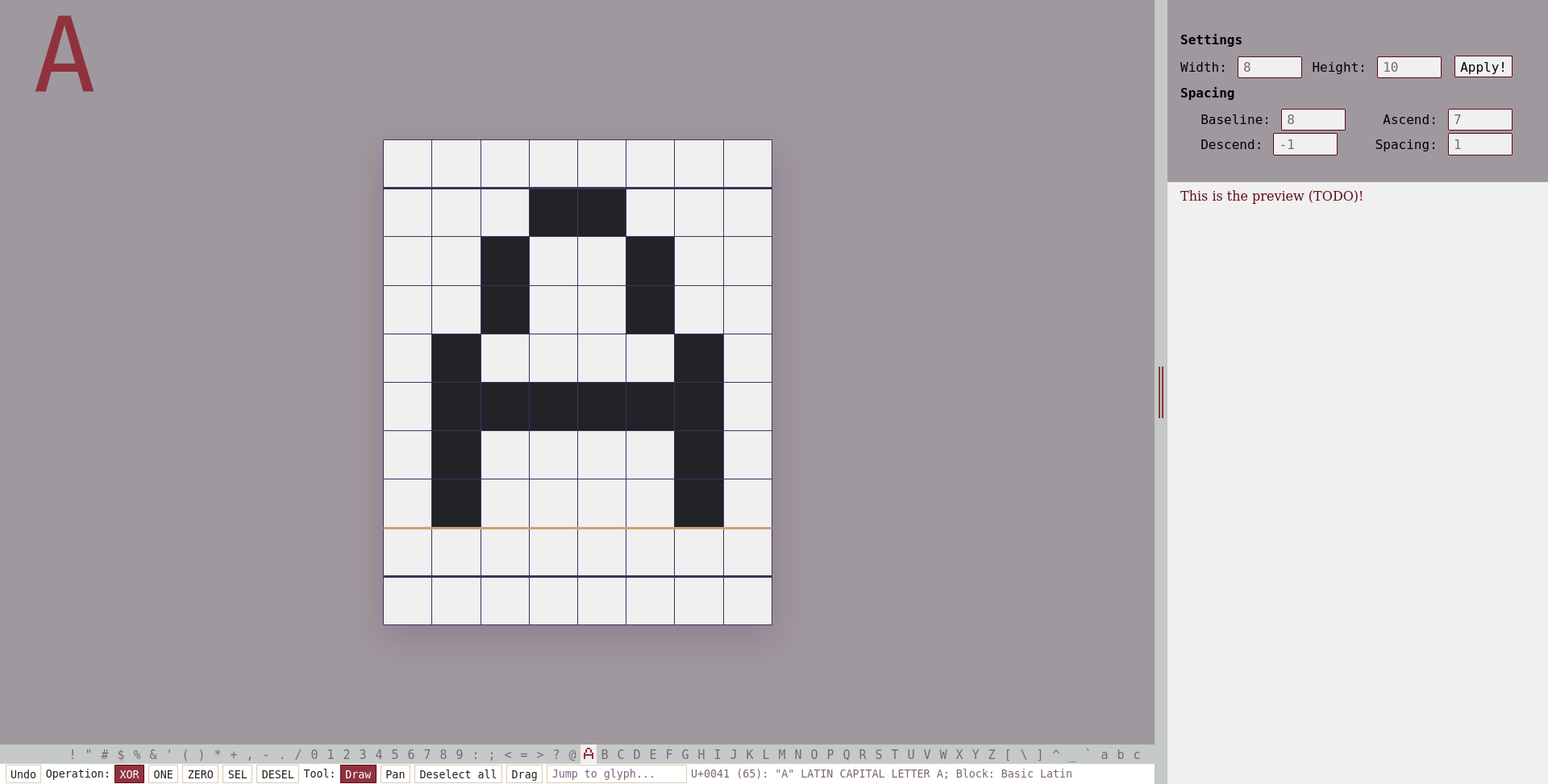 A screenshot of an early version of Online Pixel Font Creator