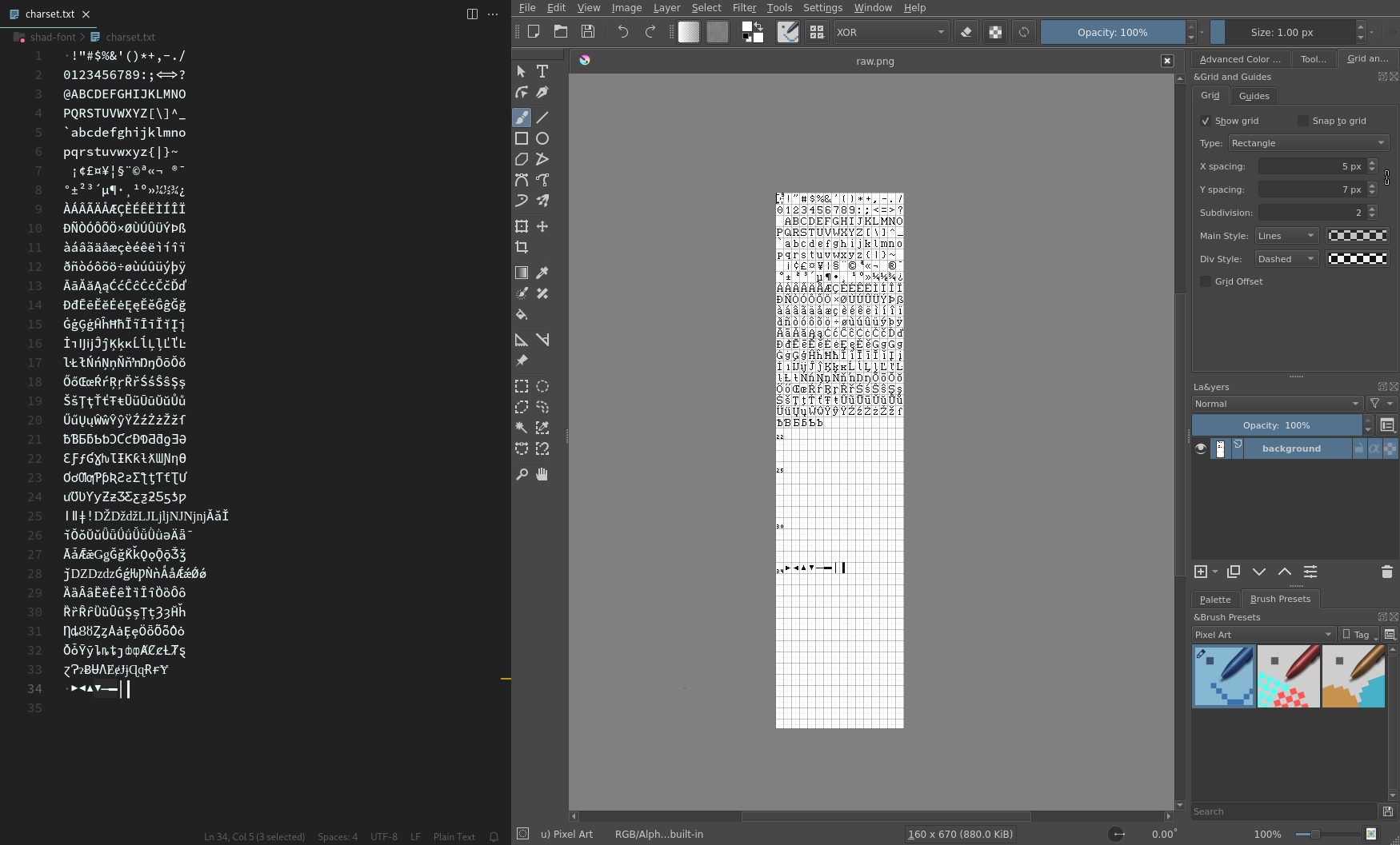 Screenshot of a font in the making, using Krita for drawing the font and a text editor for organization